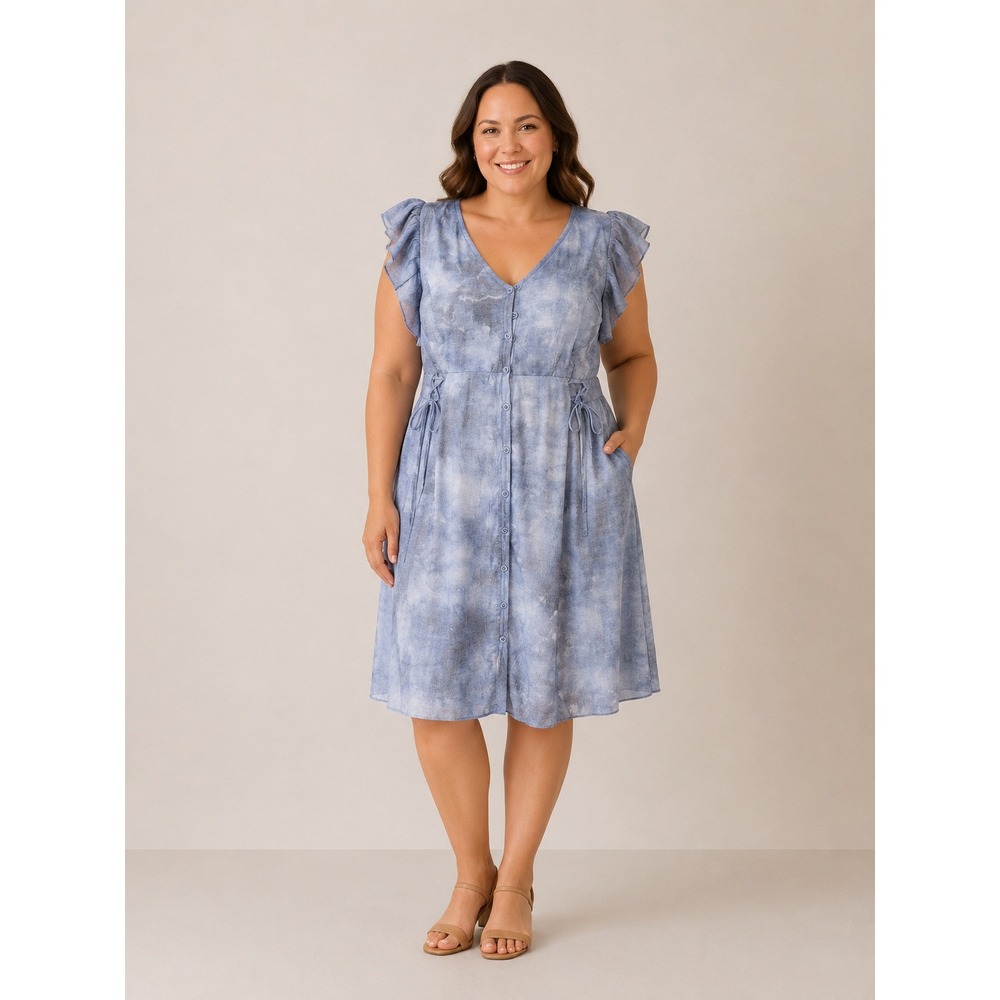 Women's Blue Button-Front Midi Dress with Ruffle Sleeves